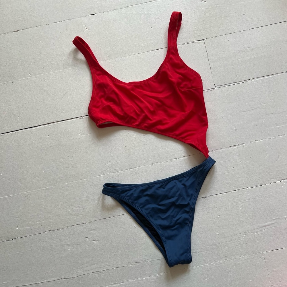 Solid and Striped red blue one-piece swimsuit size S